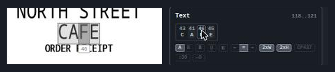 A rendered receipt with the letter F boxed and labelled 46, next to the command trace showing the bytes 43 41 46 45 above the characters C A F E