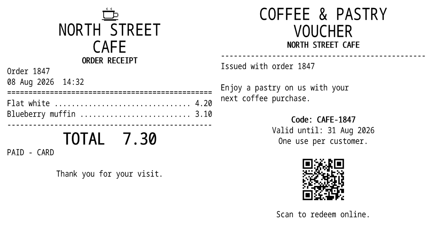 Two rendered receipt sheets side by side: an order receipt with a cafe logo, item columns and a large total, and a voucher sheet with a QR code