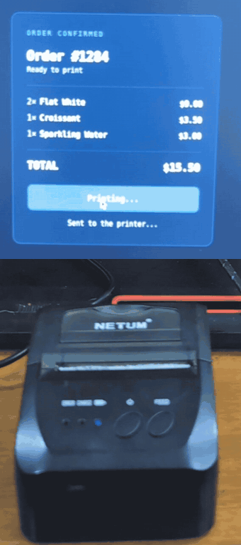 A Next.js checkout screen printing a receipt on a thermal printer